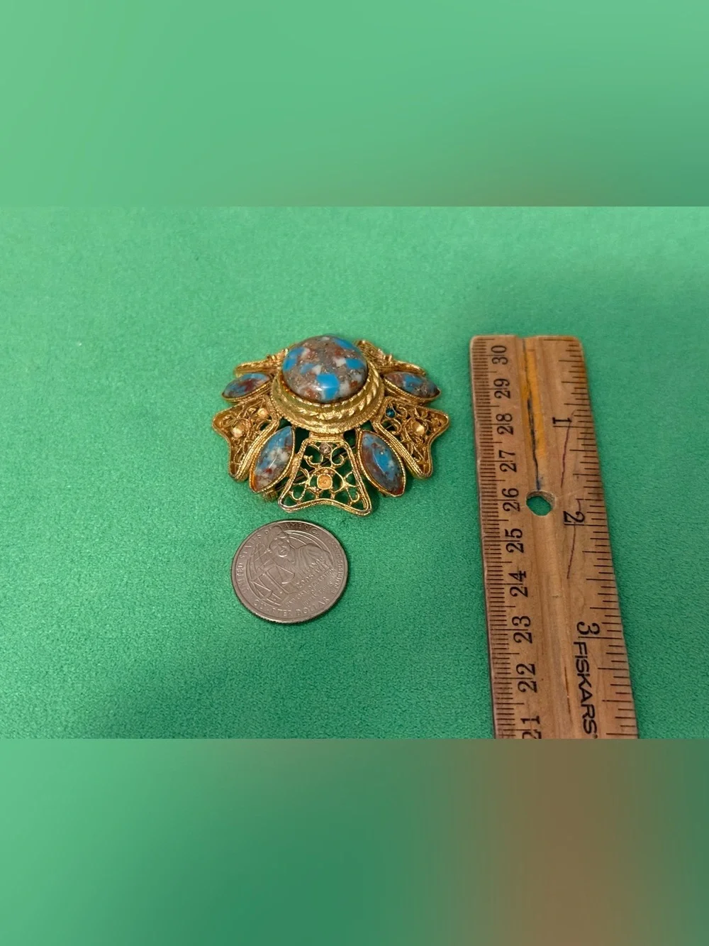 Dome Vintage Gold-Tone Filigree Brooch with Turquoise Cabochons